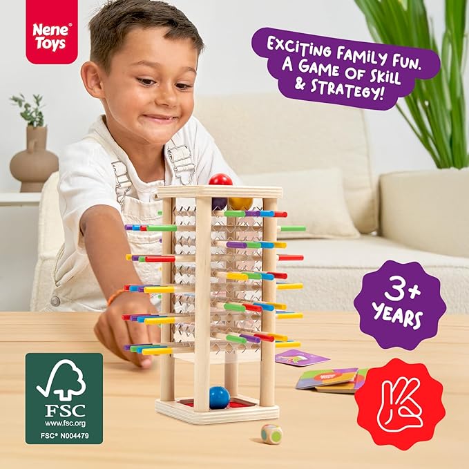 Nene Toys BALLFALL - Montessori Wooden Board Game for Kids Ages 3-9 – Educational Toy for Fine Motor Skills & Logical Thinking – Classic Family Tower Game with Colorful Sticks, Dice & Cards