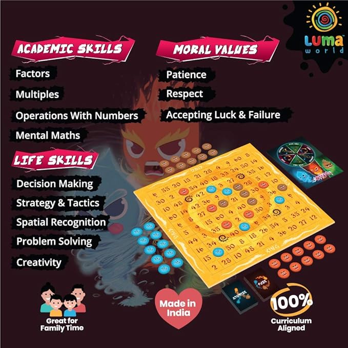 LUMA WORLD ADD LIFE TO LEARNING Educational Board Game Xing for 9 Years to Learn Factors, Multiplication, Mental Maths & Problem Solving, Elements Theme with Action Spinners & Tokens, 2 to 4 Players