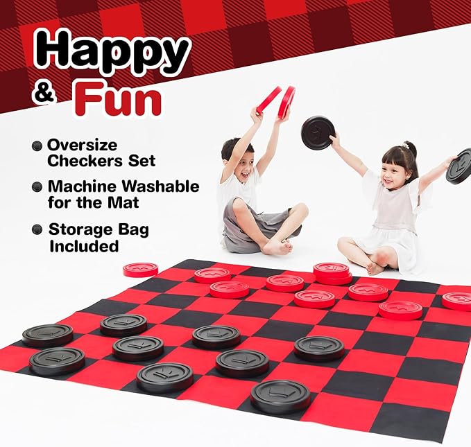Jumbo Checkers Set with Storage Bag - 58 inch mat - Outdoor & Indoor Play Toys, Backyard Board Games, Family Party, Birthday for Toddlers Ages 5 6 7 8 Year Old - Amazon Exclusive