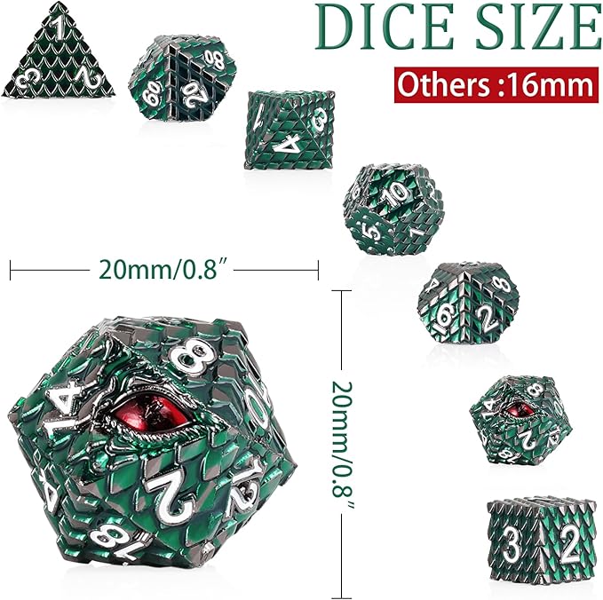 Metal Dice Set D&D,7 PCS Dragon Scale Metallic DND Dice Set,Dragon Eye Metal Dice with Grogeous Gift Case for Dungeons and Dragon Tabletop Game (Dark Green Dragon Scale & Red Eye)