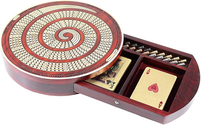 Cribbage Board Spiral Design Round Shape 4 Tracks Bloodwood/Maple with Place for Skunks, Corners & Won Games