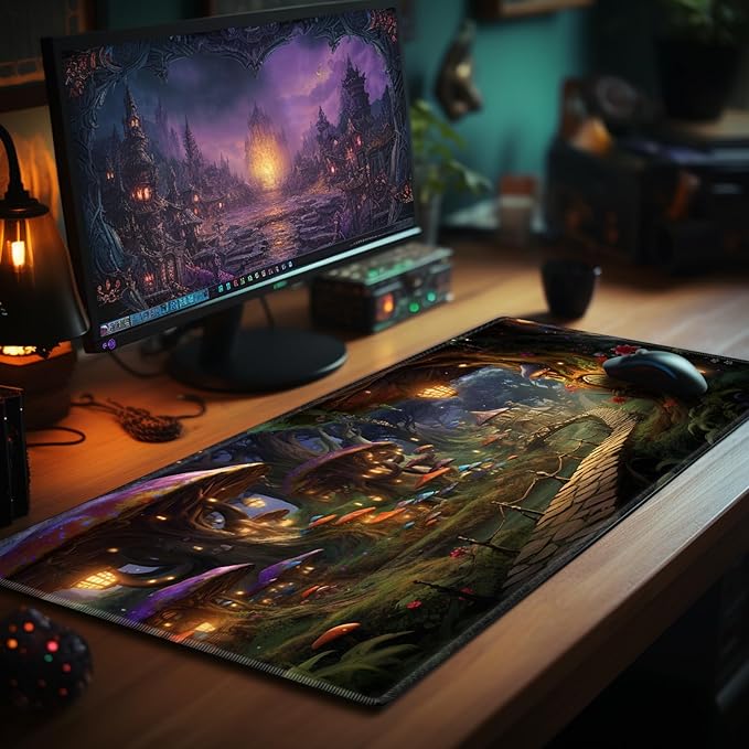 Card Playmat 70 x 40 cm Game Mats Tabletop Magic for MTG/TCG Cards, Trading Card Game Playing Stitched Commander Deck Gaming Desk Duel Mat Card Gameplay Mats, Forest Secret Elven Village