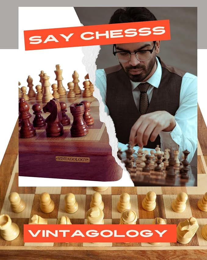 VINTAGOLOGY Acacia Wooden Folding Chess Board - Handcrafted Natural Finish, Ideal for Home Decor, Family Game Nights, Travel, and Collectors -12 inch