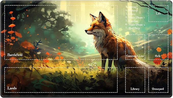 Playmat with Zones for MTG Card Game Playing, 24"x14" Commander Deck Gaming Desk Duel Mat for Beginner, Forest Fox