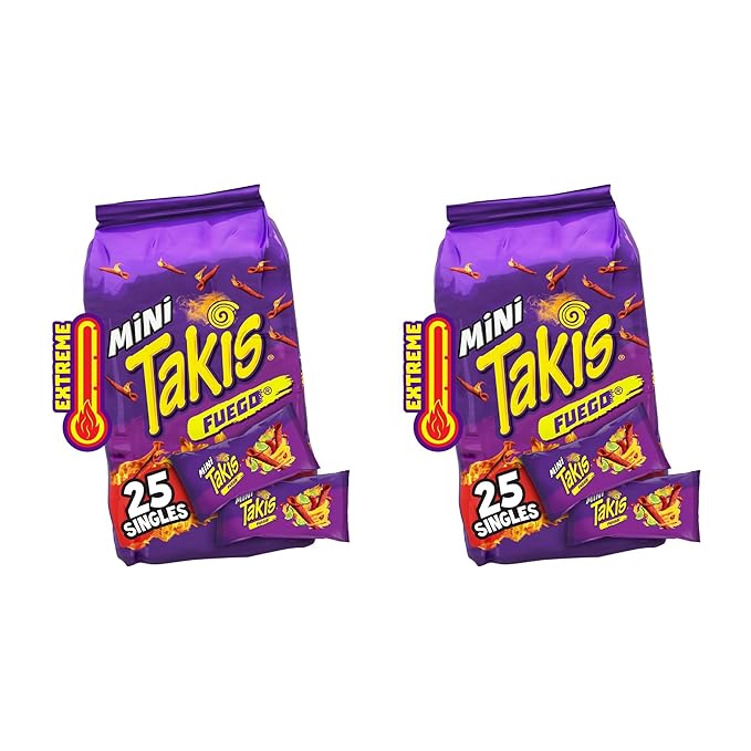 Takis Fuego Mini 25 pc / 1.23 oz Bite Size Multipack, Hot Chili Pepper & Lime Flavored Extreme Spicy Rolled Tortilla Chips (Pack of 2)