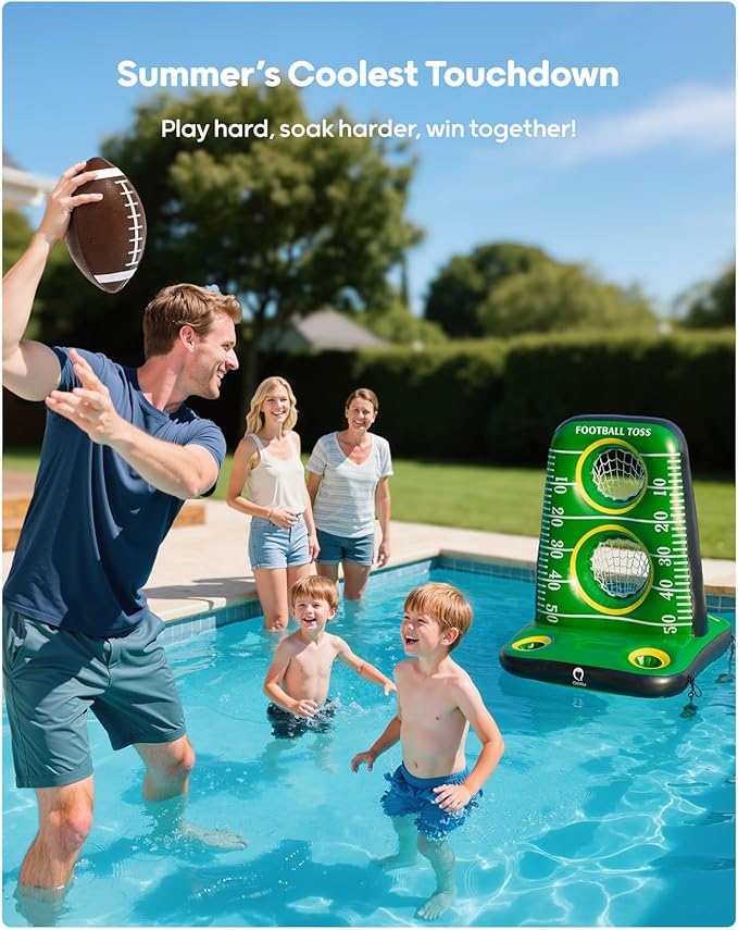 QPAU Inflatable Football Toss Game for Pool – Water Football Target with 4 Balls & 2 Pumps, Dual Net Design, Stable Base, Summer Pool Game for Kids & Adults