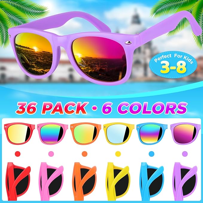 GINMIC Kids sunglasses bulk, Kids Sunglasses Party Favor, 36Pack Neon Sunglasses with UV400 Protection for Kids, Boys and Girls Age 3-8, Goody Bag Favors, Great Gift for Pool, Birthday Party Supplies…