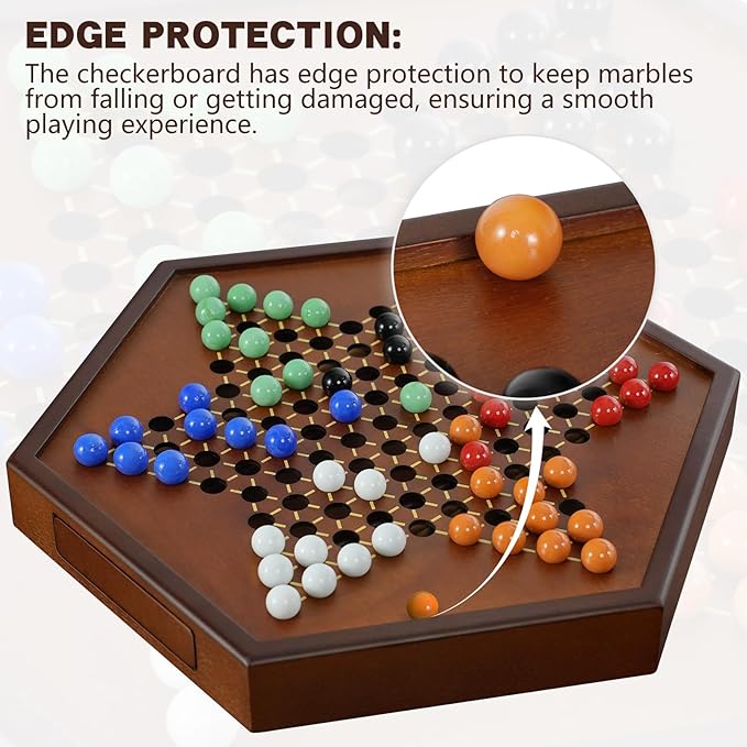 15" Large Upgraded Wooden Chinese Checkers Game Board – Premium 16mm Glass Marbles (60 + 12 Extras), Easy Grip, Storage Drawer, Ideal Multi-Player Puzzle Game for 2-6 Players