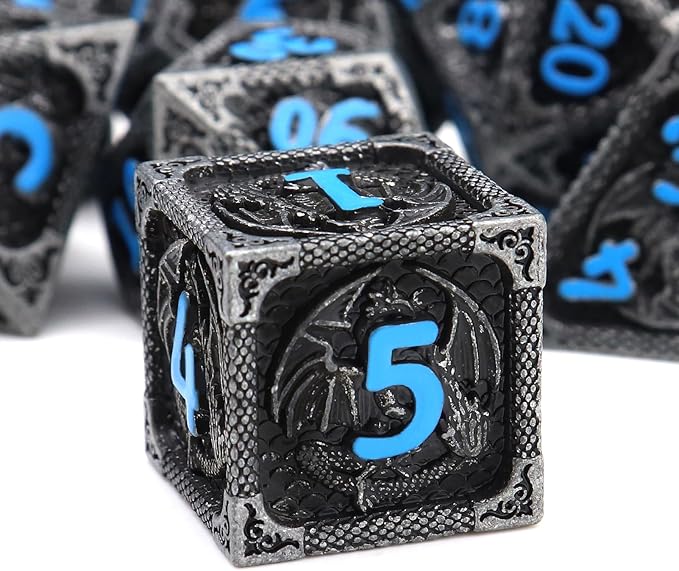 Haxtec Metal DND Dice Set Black Blue Dragon D&D Dice Set with Leather Dice Bag Metal Polyhedral Dice for Dungeons and Dragons Gifts TTRPG Dice