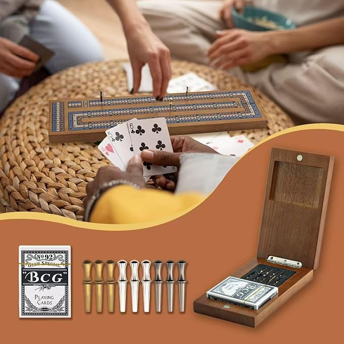 Wooden Cribbage Board Game Set, Travel Cribbage Board with Storage and Collapsible, with Magnetic Lock / 9 Metal Pegs/Full Deck of Cards, Family Board Games for Kids and Adults