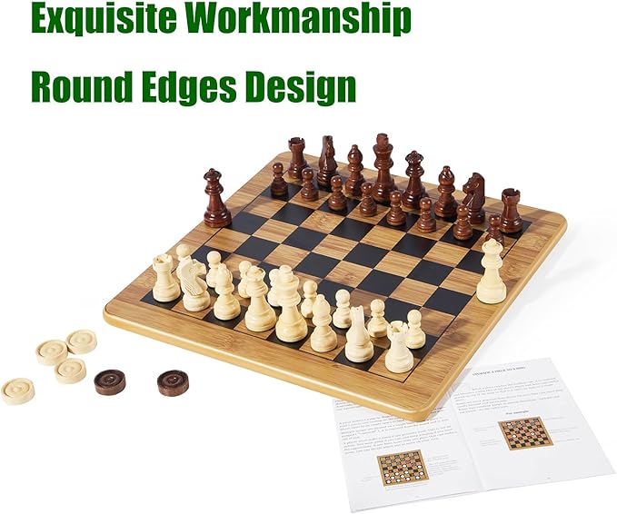 VAMSLOVE Wooden Chess Checkers Tic-Tac-Toe Game Set 11.5" x 11.5" Double-Sided 3 in 1 Board with 34 Chess Pieces - 2 Extra Queens - 24 Interlocking Checkers - Storage Bag - Instructions