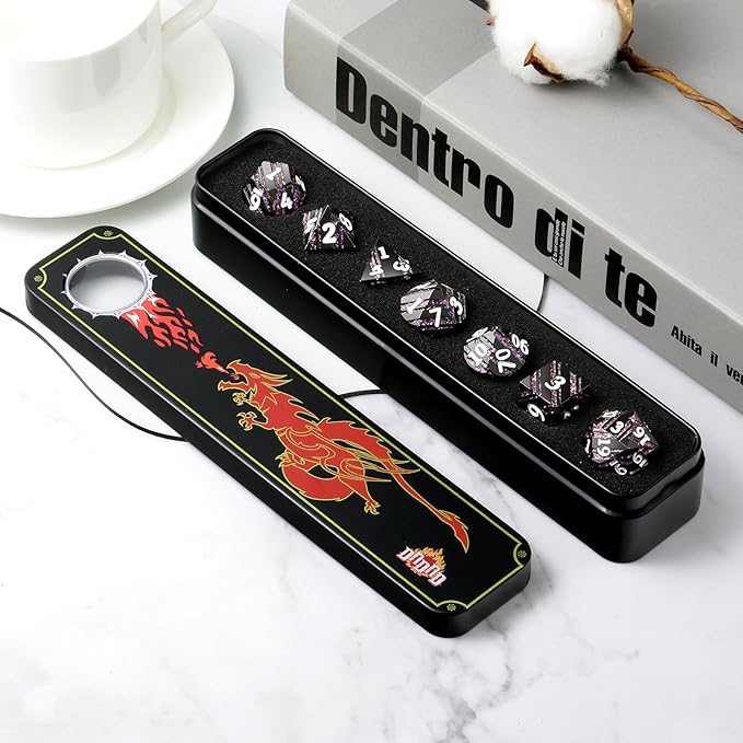 Stripe Metal DND Dice,DNDND Metallic Stripes Dice with Gift Metal Box for Dungeons and Dragons D&D (Purple Stripes)