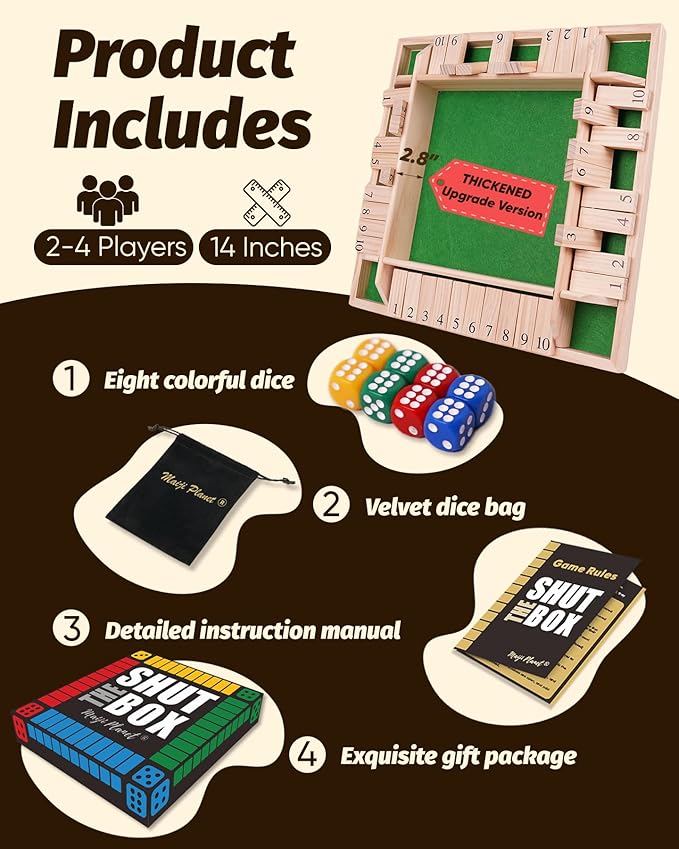 14" Dulexe Upgraded Shut The Box for 2 4 Players Math Family Game Night Quick Dice Game for Party Camp Bar Travel Class School Wooden Table Top Board Game for Adults Kids Couple Elder