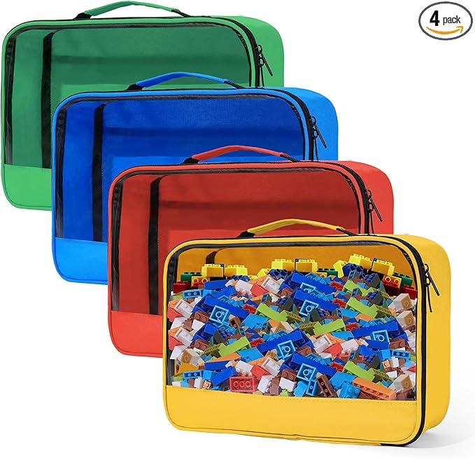 4 PCS Toy Storage Bags, Clear Toy Organizer Bags, Toy Bag with Visible Top& Handle, Portable Travel Case for Building Blocks, Toys, Puzzles, Dolls,Crafts, Magnetic Tiles