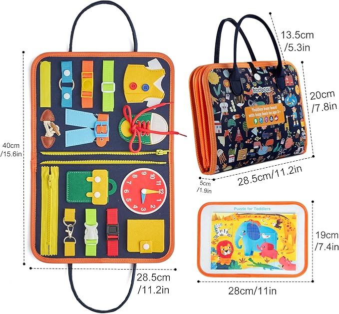 Freebear Busy Board, Toddler Travel Toys, Sensory Toys for Toddlers 2 3 4, Montessori Learning Toys for Toddlers Activities Board, Educational Toys for 2 3 Year Old Boys Girls Gift, Dark Blue Medium