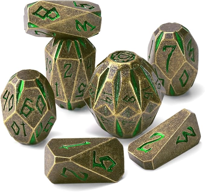 DND Metal Dice Set, ZHOORQI 7 Pcs Polyhedral Dice, Perfect for Dungeons and Dragons, RPG Role Playing Games - Unique Cool Dice with Stonehenge Themed Design for Game Gifts（Bronze Green）