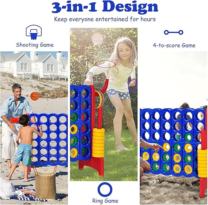 Giant 4 in a Row Connect Game, Jumbo 4 to Score Game Set w/ 42 Chess Rings, Basketball & Hoop, Toss Rings & Quick-Release Lever, Indoor & Outdoor Family Party Game for Kids & Adults, Red