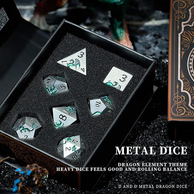 Metal DND Dice Set,Blue Dragon Heavy Metal Dice Set D&D,Dungeons and Dragon TTRPG Role Playing Table Games(Sliver Green Dragon)