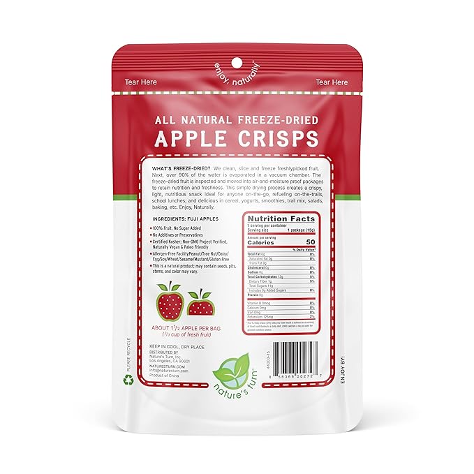 Nature’s Turn Freeze-Dried Apple Crisps – Healthy, Gluten-Free, Crispy & Delicious, Plant-Based Snack, Ideal for Cereal, Smoothies, School Lunches, & On-the-Go, Pack of 6 (0.53 oz Each)