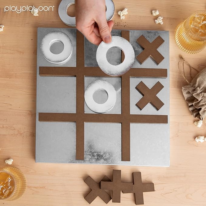 Play Platoon Magnetic Tic Tac Toe Game - Large Metal and Wooden Wall Mounted Board Games - 13.5 Inch Table Top or Wall Mounted Farmhouse Rustic for Game Room - Barnwood