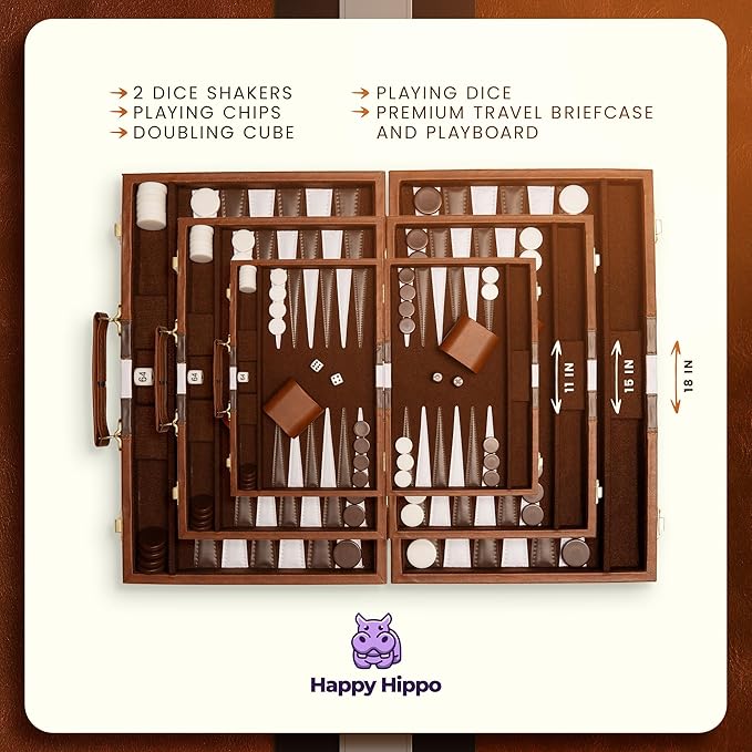 Backgammon Board Game, Deluxe Leather Like Case, Felt Interior, Brown, Classic Backgammon Game, Popular Board Game, Board Games (Large (18"))