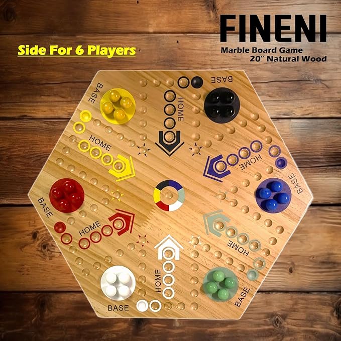 Wooden Board Games, Marble Board Game Original with Dual Sides Fast Track Games for 2 to 6 Players, Double Side Marble Boards, 6 Colors 30 Marbles and 6 Color 6 Dice, Pouch (20" Log)