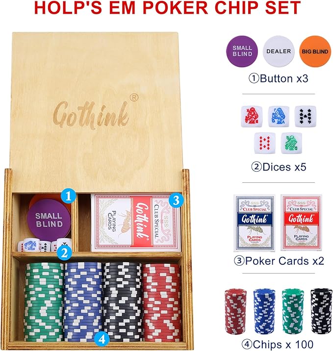 GOTHINK Classic Poker Chip Starter Game Set with 100 Professional Poker Chips, 2 Deck of Cards, 5 Dices & 3 Buttons, Poker Set Suitable for Texas Hold'em Blackjack Gambling Adults Kids Beginners