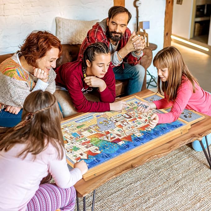 1500 Pieces Wooden Jigsaw Puzzle Board with Foldable Legs, 35"x26.8" Table with 4 Drawers and Protective Cover, Large Wood Folding Jigsaw Puzzle Table for Adults and Teens, Nature