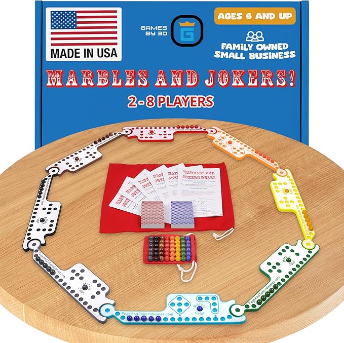 Marbles & Jokers Board Game - 2-8 Players, Fun, Compact, Portable & Durable, Easy to Learn, Color-Coded Boards, Convenient Storage, Perfect for Travel, Holiday Party & Family Game Nights