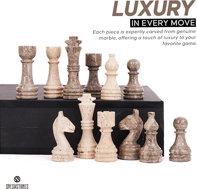 Marble Chess Set 15 Inch Travertine & Oceanic Checkers Board Game with Pieces, 2 Extra Queens and Storage Box, Strategy Set for Adults & Family, Travel, Tabletop Play