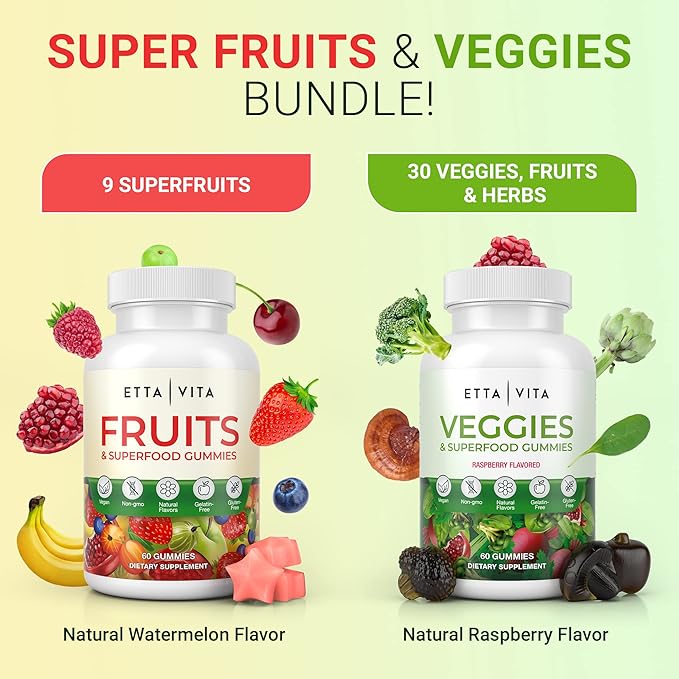 (120 Chews) Fruits and Veggies Supplement - Super Greens Gummies (9 Superfruits & 30 Veggies) Mushrooms, Fruit and Vegetable Vitamins, Non-GMO, Pectin-Based, Gluten-Free, No Capsules