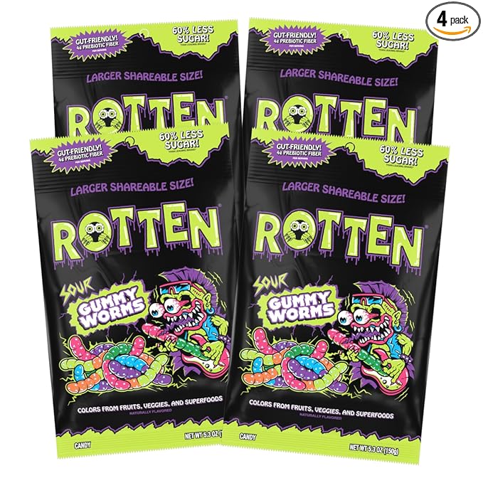 Rotten Sour Gummy Worms - Low Sugar, Low Calorie, 7g Gut-Friendly Prebiotic Fiber and 3g Protein, Gluten Free Candy - 5.3 oz Share Pack [4 Pack]