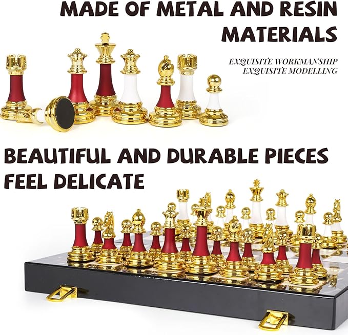 15" Large Chess Set for Adults with Weighted Acrylic Chess Pieces 3.5" King & Portable Folding Marbling Wooden Chess Board Travel Chess Sets Elegant Classic Chess Game – Family Board Game Gift