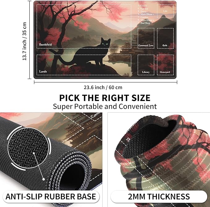Playmat with Zones for MTG Card Game Playing, 24"x14" Commander Deck Gaming Duel Mat for Beginner, Pink Tree Black Cat