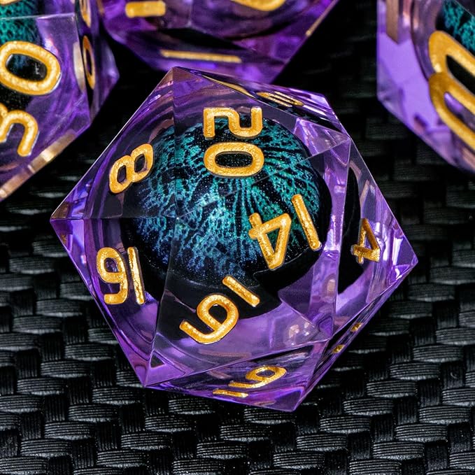 ARUOHHA Dragon Eye DND Dice, Purple Green Resin Sharp Edged Dice Set RPG Role Playing Game, Liquid Core Polyhedral D and D Dice Set D20 D12 D10 D8 D6 D4