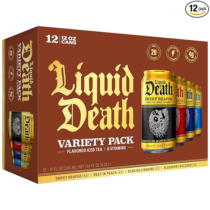 Liquid Death Iced Tea Variety Pack, 12-Pack (12 oz Cans), Low Calorie, Low Caffeine, No Artificial Sweeteners, B12 & B6 Vitamins, 4 Flavors: Dead Billionaire, Rest in Peach, Sweet Reaper, Blueberry Buzzsaw