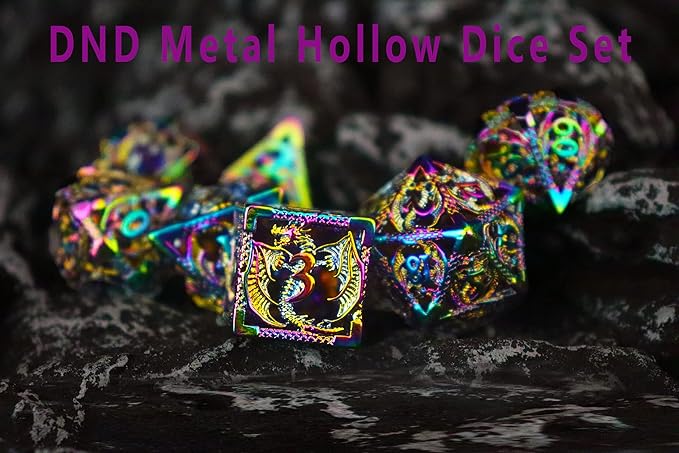 Metal DND Dice Set Dungeons and Dragon Dice Set Hollow Dragon Polyhedral Magic 7 PCS Dice Set with Gift Metal Box for Dungeons and Dragons Table Games Play Cards MTG(Dragon_Colorful)