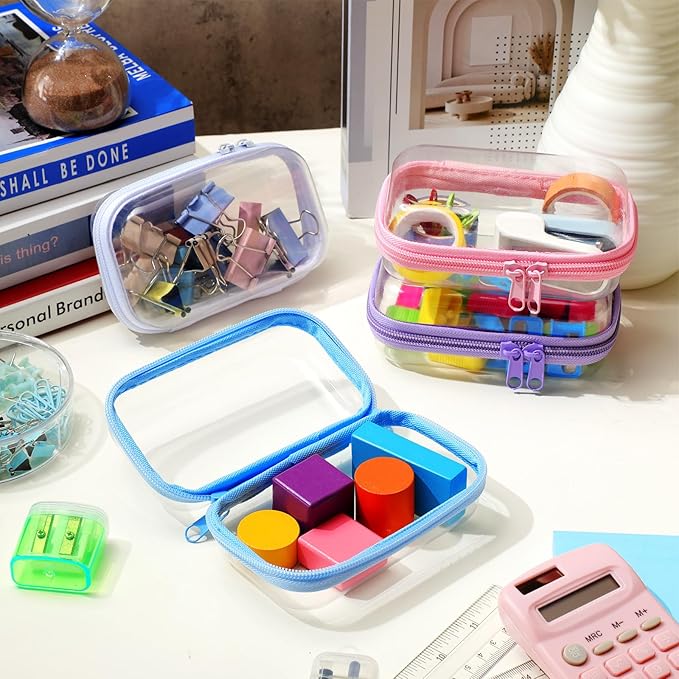 Hoolerry 4 Pcs Hard Clear Zipper Case Transparent Cases for Snacks Makeup Bag Plastic Storage Box Containers for Building Blocks, Puzzles, Cosmetics(Multicolor,5 x 3 x 2 in)