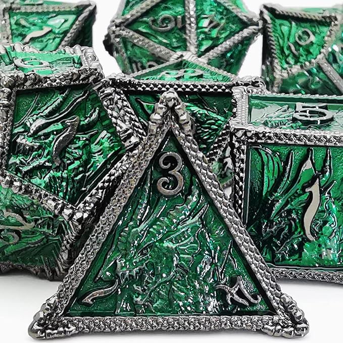 HAOMEJA Metal Dice DND Dragon Dice Set 7 Role Playing Dice D&D Solid Dice Dungeons and Dragons (Black Nickel Green)