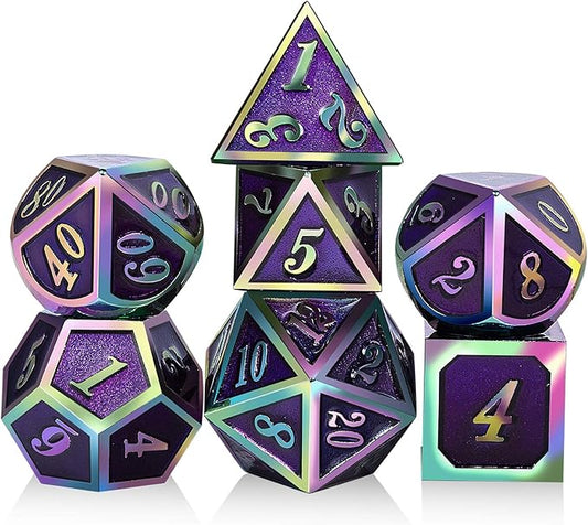 Purple Metal Dice Set D&D, DNDND 7 Die Enamel Polyhedral DND Dice Set with Metal Tin for Dungeons and Dragons and Role Playing Game