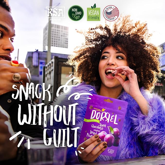 Dorrel Dark Chocolate Covered Dried Prunes - Nutritious and Sweet Snacks - Organic, Vegan - Natural Probiotic - Non-GMO - Kosher Pareve - Healthy, Dried Date Fruit Snack [8.8 Ounce] [1-Pack]