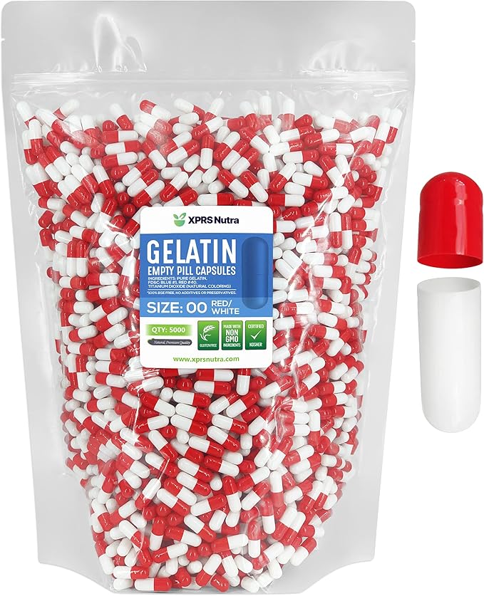 XPRS Nutra Size 00 Empty Capsules - 5000 Count Empty Gelatin Capsules - Pills DIY Capsule Filling - Fillable Pill Gel Caps for DIY Supplements (Red/White)