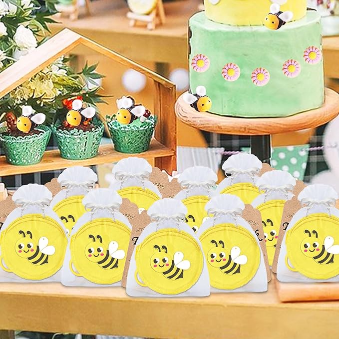 36 Pack Bee Change Coin Purses Set Include 12 Bee Wallets with Keyrings, 12 Thank You Tags and 12 Organza Bags for Honey Bee, Bumble Bee, Mommy to Bee, Baby to Bee, Birthday,Yellow