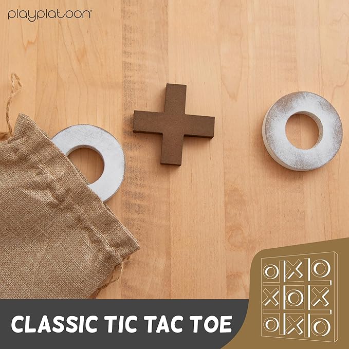 Play Platoon Magnetic Tic Tac Toe Game - Large Metal and Wooden Wall Mounted Board Games - 13.5 Inch Table Top or Wall Mounted Farmhouse Rustic for Game Room - Barnwood