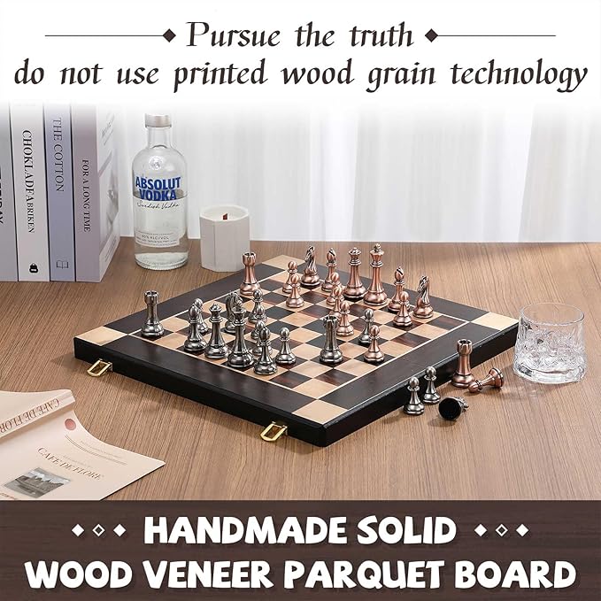 15-Inch Large Metal Chess Set for Adults and Kids with Metal Chess Pieces – Foldable Wooden Board with Storage, Portable Classic Game Set for Travel & Home, Elegant Gift for Chess Enthusiasts