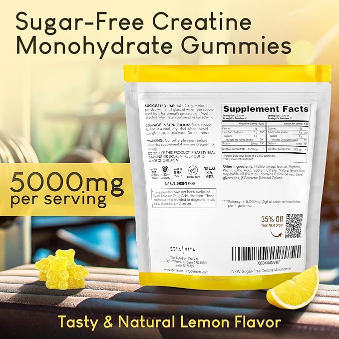 Sugar-Free Creatine Monohydrate Gummies 5gram per Serving, Potent Creatine Gummies for Men & Women, Supplement for Muscle Support, Cellular Energy & Cognitive Function, Gluten-Free