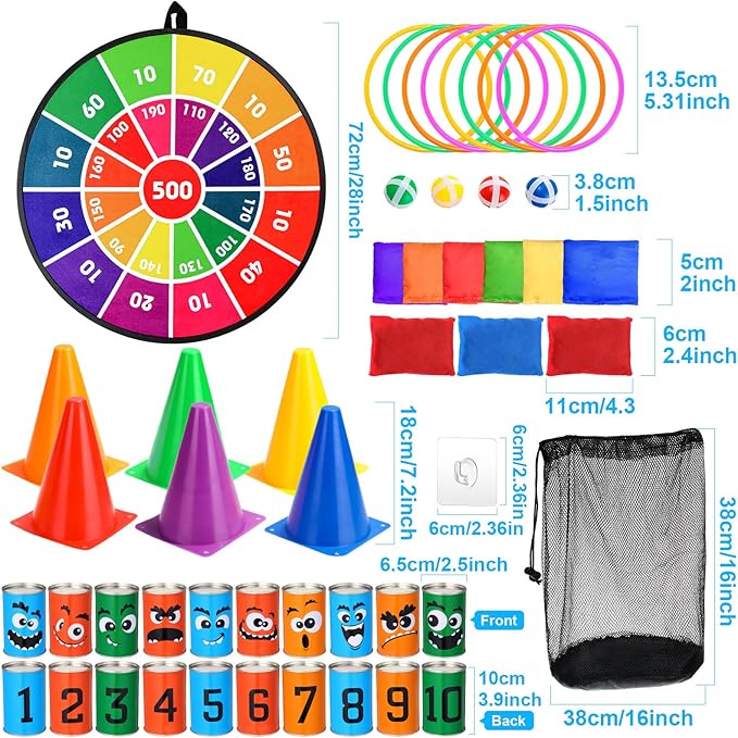 Hungdao 3 Sets Carnival Games Combo Set, Dart Board with Balls Plastic Cones Ring Bean Bags Toss Game for Boys Girls Adults Family Birthday Yard Indoor Outdoor(Vibrant Color, Fun Style)