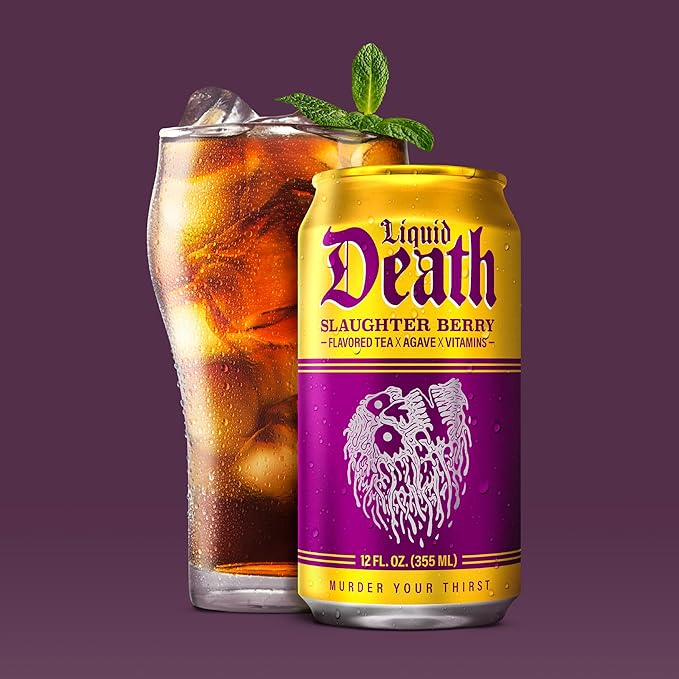 Liquid Death, Slaughter Berry Flavored Iced Tea, 12-Pack (12 oz Cans), Raspberry Flavored Black Tea, Low Calorie, No Artificial Sweeteners, B12 & B6 Vitamins