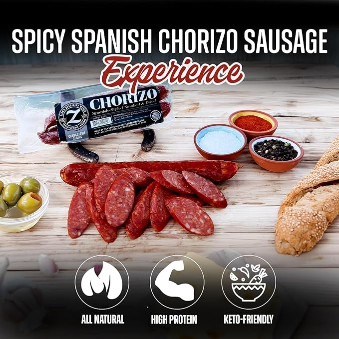 Zick’s Specialty Meats Spanish Chorizo Sausage (8oz) | Healthy & Organic Spanish Chorizo | Premium Naturally Cured Charcuterie Meat Series | Smoked & Dried Sausage | Gourmet Food | High-Protein Snack