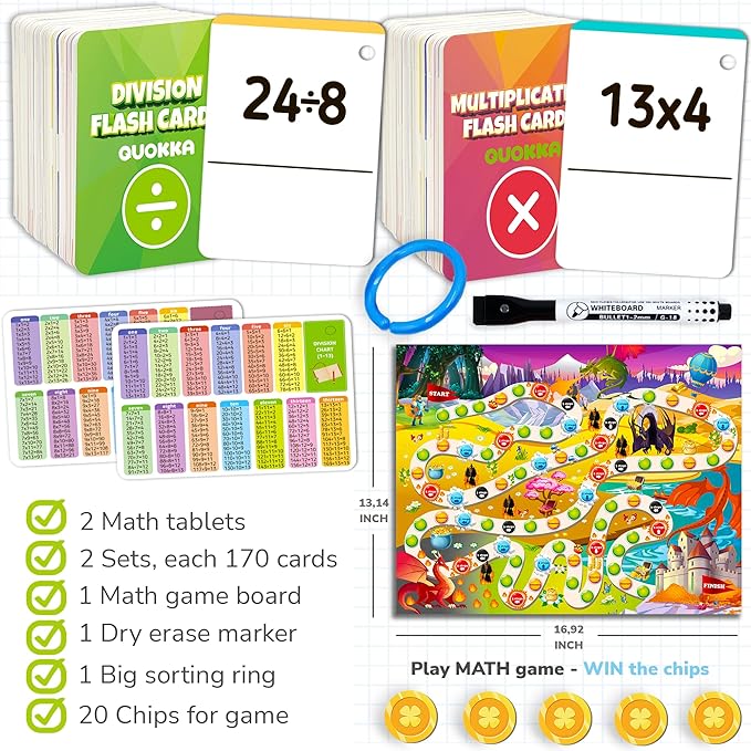 QUOKKA 3xSet Multiplication Flash Cards 3rd Grade - 340 Flashcards Multiplication and Division Math Games - Learning Board Games for Boys and Girls Ages 3 - Fun Educational Preschool Games